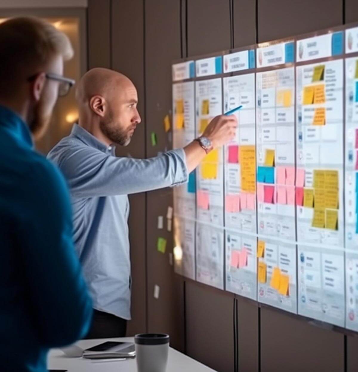 Project manager arranging sticky notes on a whiteboard
